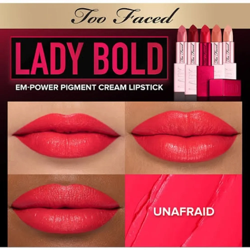 Too Faced Lady Bold Em-Power Pigment Velvety Cream Lipstick | Unafraid | New - Picture 2 of 8